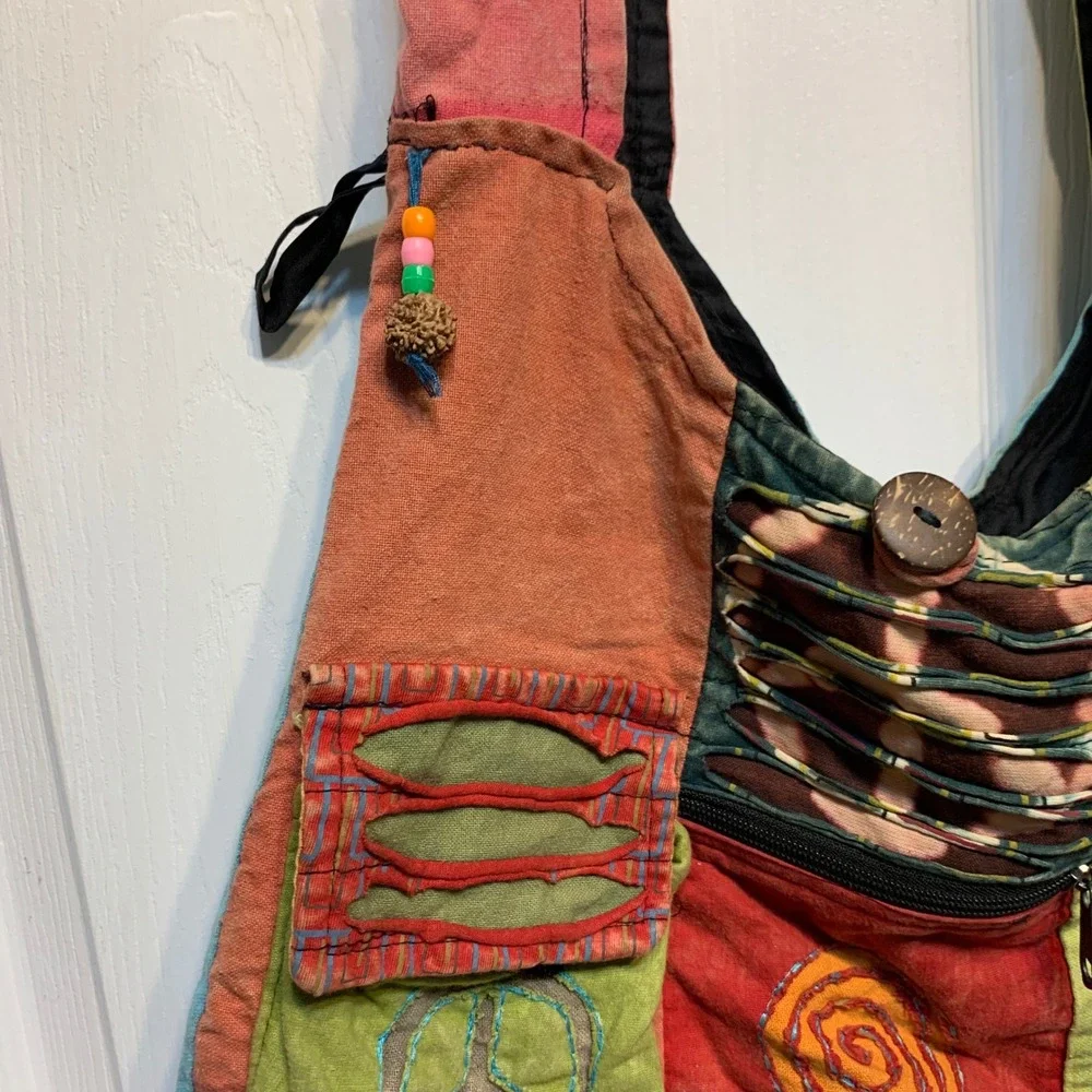 Bohemian Patchwork Hobo Bag Large Multi-Color Peace Sign Hippie Festival Hobo
